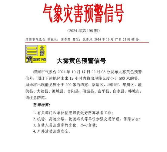 陕西省渭南市发布大雾黄色预警